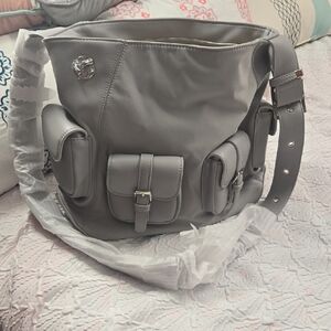 Versatile Large Gray Shoulder Bag with Multiple Pockets